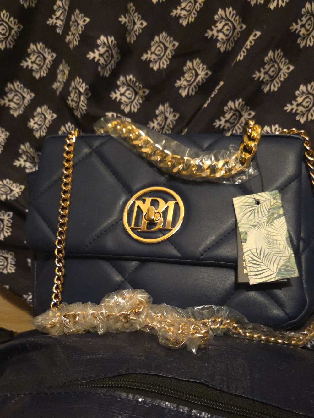 Badgley Mishka Small Quilted Navy Chain Shoulder Bag with Gold Chain Straps